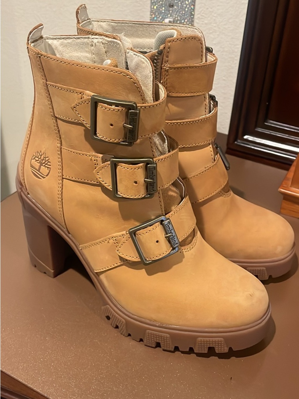 Timberland Wheat Triple-Buckle Lug Heel Ankle Boots